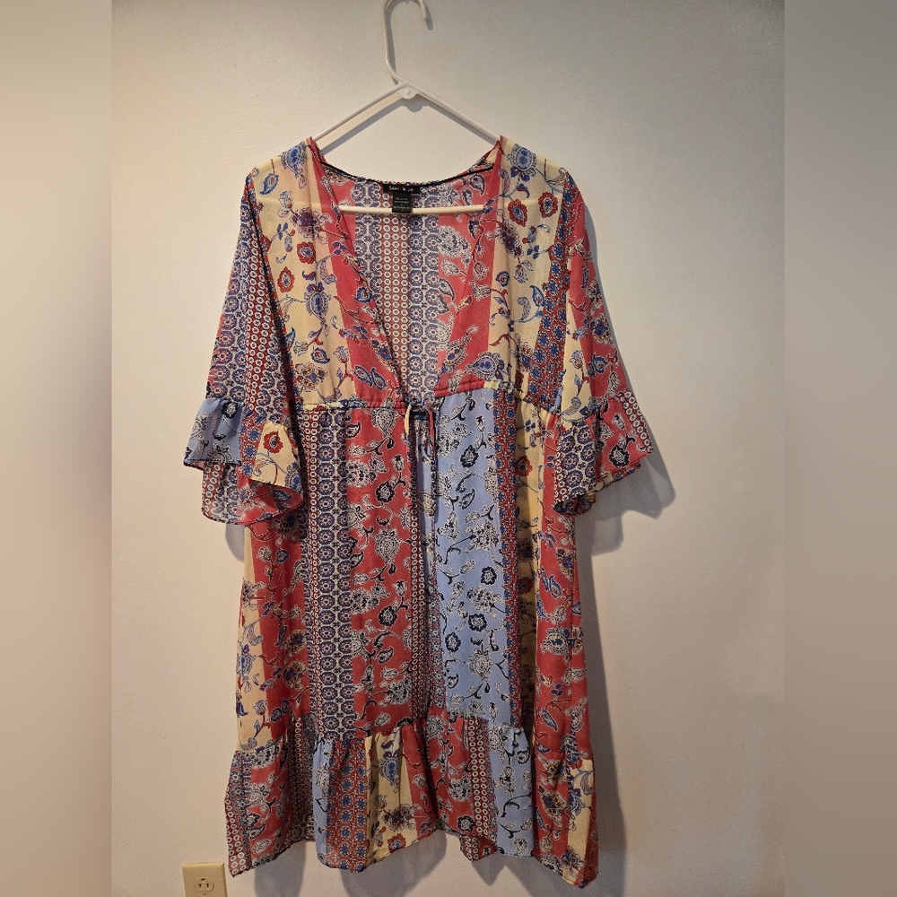 Sami & Jo Red and Blue Flutter Sleeve Asymmetrical Top
